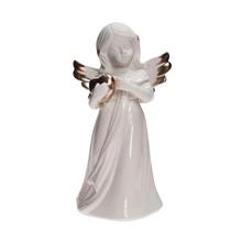 Biely anjel so zlatými krídlami držiaci srdce.