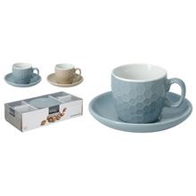 Šálka s podšálkou z kameniny v modrej a béžovej farbe.