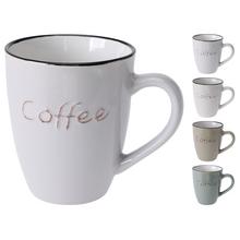 Šálka z kameniny s nápisom Coffee, dostupná v štyroch farbách.