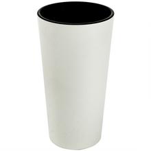 Biely okrúhly kvetináč s čiernym vnútrom.