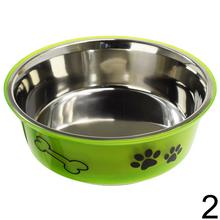 Nerezová miska pre psa s farebným okrajom a potlačou labiek.