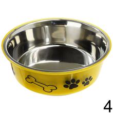 Nerezová miska pre psa s farebným okrajom a potlačou labiek.