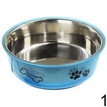 Nerezová miska pre psa s farebným plastovým okrajom.