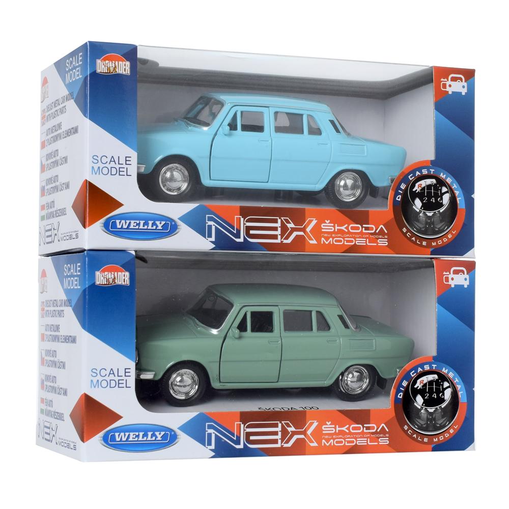 Model auta Škoda 100 v mierke 1:34, modrá a zelená farba.