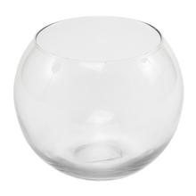 Priehľadná sklenená váza guľového tvaru.