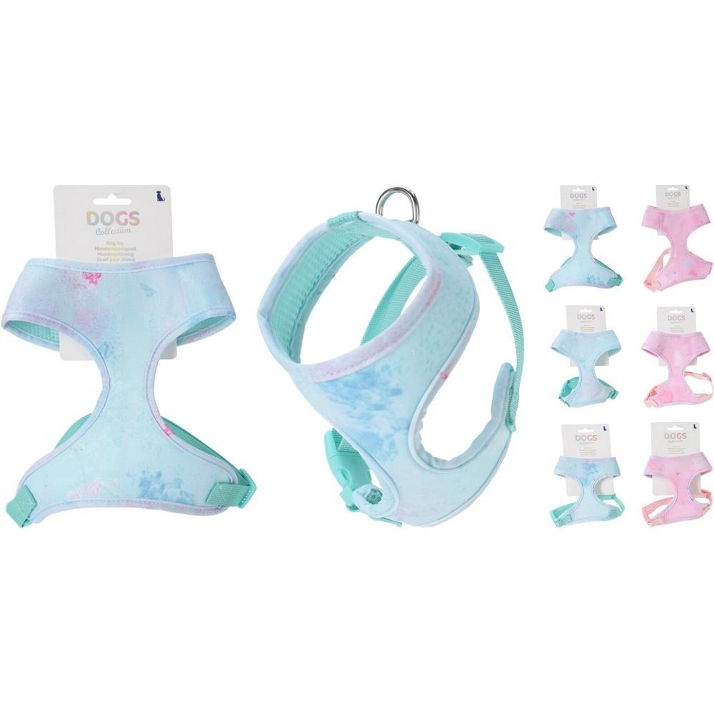 Postroj pre psa v modrej a ružovej farbe.