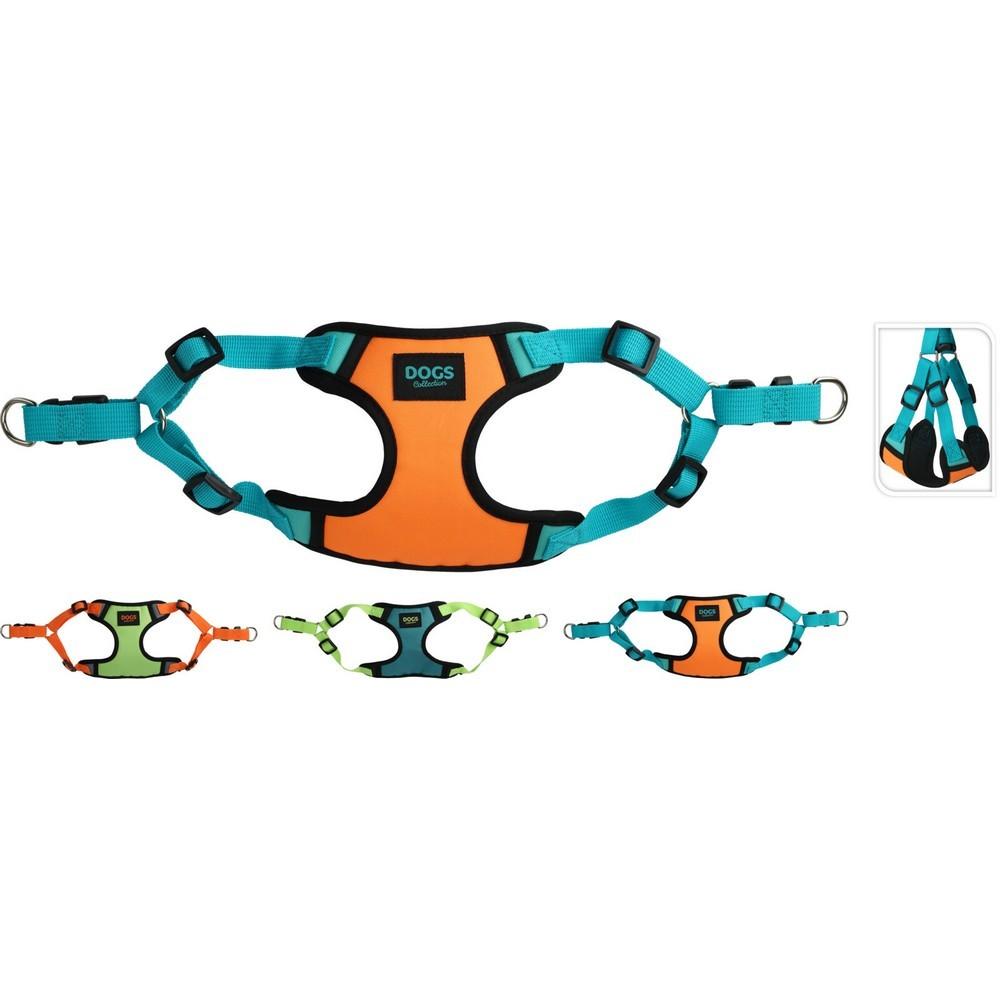 Postroj pre psa veľkosti L v dizajne s oranžovými a modrými prvkami.