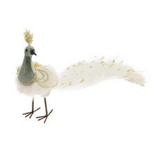 Textilná figúrka páva v bielej, zelenej a zlatej farbe.