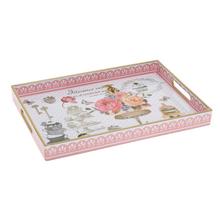 Plastový podnos s kvetinovým vzorom a dezertmi.