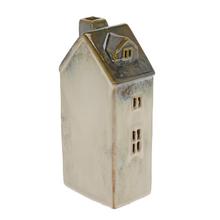 Keramický domček s LED osvetlením v bielej a hnedej farbe.