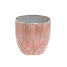 Ružový keramický kvetináč s jemným pruhovaným vzorom.