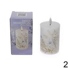 LED sviečka s kvetinovým vzorom v ružovej a modrej farbe.