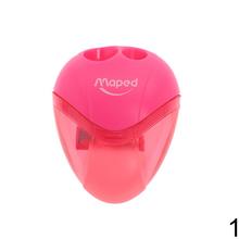 Dvojité plastové strúhadlo Maped I-Gloo so zásobníkom v ružovej a modrej farbe.