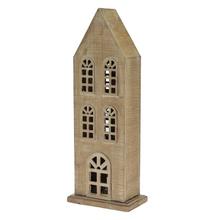 Sivo-hnedý drevený domček s oknami.