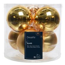 Sklenené vianočné gule v lesklej a matnej tmavo zlatej farbe, priemer 8 cm.