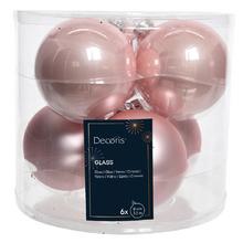 Sklenené vianočné gule v lesklej a matnej svetloružovej farbe, priemer 8 cm.