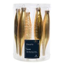 Sada sklenených vianočných gúľ v zlatej farbe.