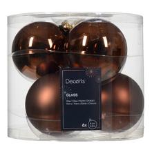 Sada sklenených vianočných gulí v lesklej a matnej hnedej farbe, priemer 8 cm.