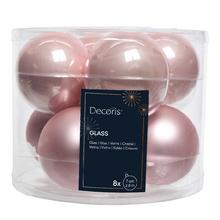 Sada sklenených guľí v lesklej a matnej ružovej farbe.