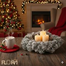 Zasnežený veniec z čečiny s priemerom 35 cm a hrúbkou 8 cm.