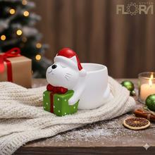 Obal mačka s darčekom, keramický kvetináč.