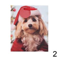 Vianočná papierová taška s obrázkami psov v sviatočných oblečkoch.