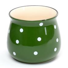 Zelený keramický obal s bielymi bodkami, priemer 15 cm.