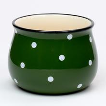 Zelený keramický obal s bielymi bodkami, priemer 13 cm.