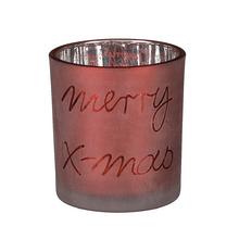 Červený svietnik na čajovú sviečku Arya s nápisom Merry X-mas.