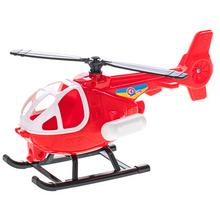 Červený plastový vrtulník s rotormi.