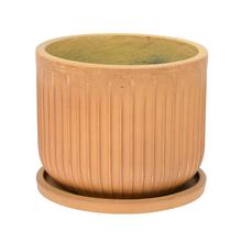 Hnedý keramický kvetináč s miskou, výška 24,5 cm, priemer 30 cm.