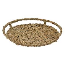 Kulatý podnos z prírodného materiálu s dvoma uchami.