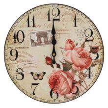 Nástenné hodiny s ružami a motýľom, priemer 34 cm.
