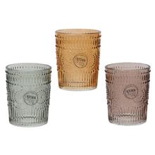 Poháre na vodu v troch farbách, sklo, transparentné.