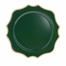 Zelený plastový tanier so zlatým okrajom, priemer 33 cm.