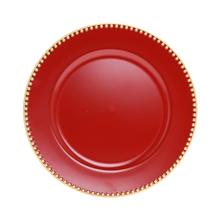 Červený plastový tanier s zlatým lemom, priemer 33 cm.