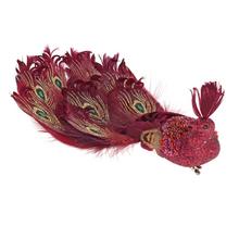 Bordový páv na štipci s perím a trblietkami.