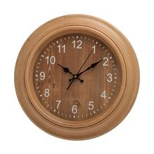 Nástenné hodiny z MDF s hnedým drevom, priemer 45 cm.