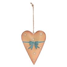 Oranžovo-modré srdce z kovu na zavesenie.