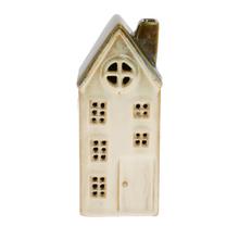 Keramický domček s LED osvetlením, biele a hnedé farby.