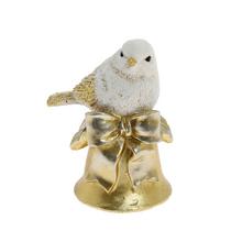 Keramický vtáčik na zvončeku v bielej a zlatej farbe.