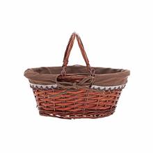 Oválny košík s hnedou látkou a rúčkou.