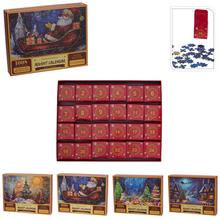 Adventný kalendár s 1008 dielmi, obsahuje rôzne obrázky a čísla na každý deň.