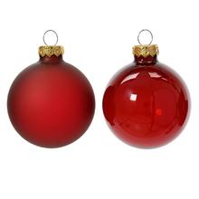 Sklenené vianočné gule v lesklej a matnej červenej farbe, priemer 6 cm.